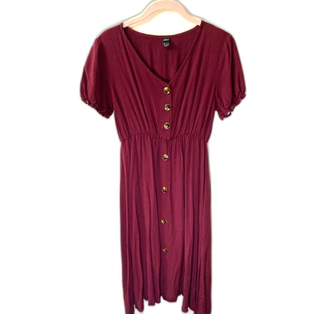 Woman's Burgundy SHEIN Button-Up Mid Length Dress with Elastic Waist - Size M